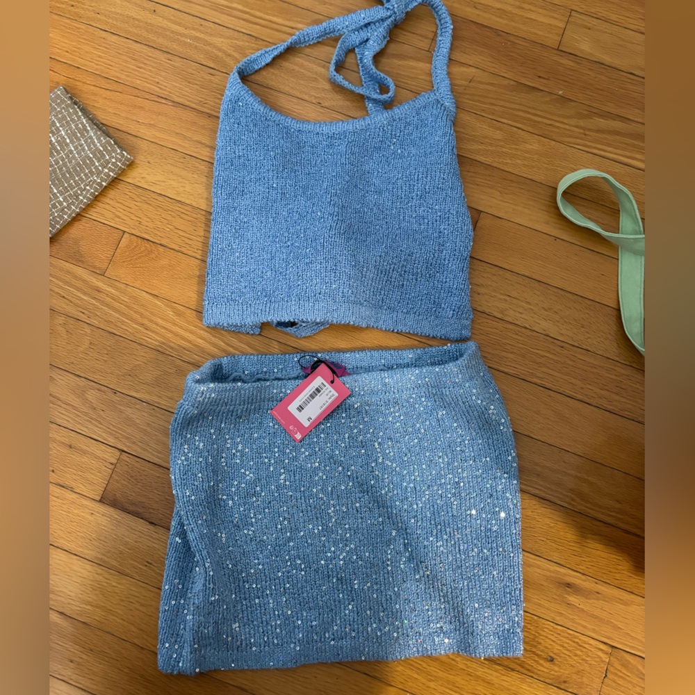 Edikted Blue Knit Halter Top and Skirt Set